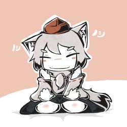 Rule 34 | 1girl, animal ears, detached sleeves, closed eyes, hat, inubashiri momiji, okami (kami soubi), outstretched arms, seiza, short hair, silver hair, sitting, skirt, smile, solo, tail, tokin hat, touhou, wolf ears, wolf tail