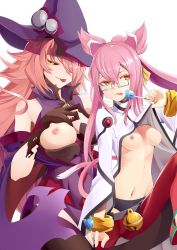 Rule 34 | 2girls, absurdres, animal ears, bare shoulders, bell, belt, black panties, black sclera, blazblue, blazblue: central fiction, bracelet, breasts, candy, cat ears, cat tail, colored sclera, food, glasses, gloves, hair between eyes, hair over one eye, hair ribbon, hat, highres, jewelry, kokonoe (blazblue), konoe a. mercury, large breasts, lollipop, long hair, looking away, mother and daughter, multiple girls, navel, nipples, panties, pink hair, ribbon, saliva, shirowa, slit pupils, small breasts, tail, thighhighs, tongue, tongue out, underwear, witch hat, yellow eyes