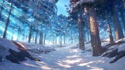 Rule 34 | blue sky, commentary, dappled sunlight, day, forest, hachio81, highres, landscape, light rays, nature, no humans, original, outdoors, rock, scenery, sky, snow, sunbeam, sunlight, tree, watermark, winter