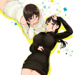 Rule 34 | 2girls, akizono kanna, alternate costume, ass, black dress, black hair, breasts, brown hair, dress, glasses, hand on own cheek, hand on own face, large breasts, long sleeves, looking at viewer, mole, mole under mouth, multiple girls, off-shoulder sweater, off shoulder, red eyes, ribbed sweater, sasamori tomoe, smile, succubus stayed life, sweater, sweater dress, underbutt, white dress, yellow eyes, yomisawa tsukino