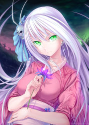 Rule 34 | 1girl, atomix, breasts, earrings, expressionless, flower, green eyes, hair ornament, highres, japanese clothes, jewelry, kimono, light purple hair, long hair, looking at viewer, original, scythe, skull, skull hair ornament, solo, upper body, white hair, yukata