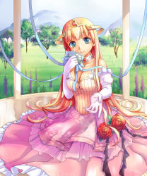 Rule 34 | 1girl, alle gro, bare shoulders, blonde hair, breasts, choker, circle skirt, cleavage, collarbone, dress, elbow gloves, flower, frills, gazebo, gloves, grass, green eyes, harlem heart, highres, lace, layered skirt, long hair, looking at viewer, mountain, on floor, open hand, original, outstretched hand, ribbon, rose, sitting, skirt, smile, solo, tiara, tree, very long hair