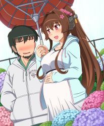 Rule 34 | 10s, 1boy, 1girl, artist self-insert, bad id, bad pixiv id, blush, brown hair, chain-link fence, commentary request, dutch angle, fence, flower, hair flower, hair ornament, holding hands, hetero, highres, hydrangea, jewelry, kantai collection, long hair, oil-paper umbrella, outdoors, ponytail, pregnant, red eyes, ring, shin&#039;en-san (shin&#039;en), shin&#039;en (gyokuro company), short hair, smile, umbrella, very long hair, yamato (kancolle)