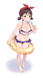 Rule 34 | 1girl, bad id, bad pixiv id, barefoot, bikini, bow, breasts, brown eyes, brown hair, food, full body, groin, hair bow, highres, innertube, looking at viewer, medium breasts, midriff, navel, original, popsicle, red bow, short twintails, solo, standing, swim ring, swimsuit, tom sun, tongue, tongue out, twintails, wet, white background