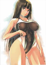 Rule 34 | 10s, 1girl, adjusting clothes, adjusting swimsuit, black one-piece swimsuit, blunt bangs, breasts, brown eyes, brown hair, cleavage, closed mouth, clothes lift, competition swimsuit, cowboy shot, frontal wedgie, girls und panzer, highres, large breasts, lifting own clothes, long hair, looking at viewer, matching hair/eyes, mature female, nenchi, nishizumi shiho, one-piece swimsuit, one-piece tan, scan, simple background, solo, standing, swimsuit, swimsuit lift, tan, tanline, wedgie, white background