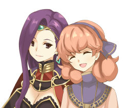 Rule 34 | 2girls, breasts, brown eyes, cape, cleavage, curly hair, earrings, closed eyes, fire emblem, fire emblem echoes: shadows of valentia, genny (fire emblem), hairband, jewelry, long hair, ma tsukasa, multiple girls, necklace, nintendo, open mouth, pink hair, portrait, purple eyes, simple background, sonya (fire emblem gaiden), tiara, white background