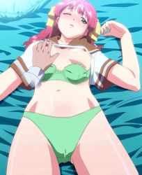 Rule 34 | animated, animated gif, bed, blush, bra, breasts, clothes lift, green panties, groping, lingerie, lovers (game), navel, nipples, one eye closed, open mouth, osawa hinako, panties, pink hair, school uniform, shirt lift, stitched, third-party edit, underwear, wince, wink