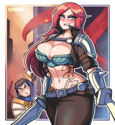 Rule 34 | 1boy, 1girl, absurdres, armor, artist name, black pants, blue eyes, blush, breasts, brown hair, cleavage, cowboy shot, dual wielding, garen (league of legends), highres, holding, holding sword, holding weapon, katarina (league of legends), large breasts, league of legends, long hair, midriff, navel, outline, pants, parted lips, pauldrons, red hair, sagas293, scar, scar across eye, scar on face, short hair, shoulder armor, smile, sword, tattoo, weapon, white outline