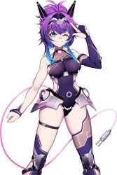 Rule 34 | 1girl, animal ears, artist request, blue eyes, blue hair, blush, breasts, curly hair, detached sleeves, fake animal ears, feet out of frame, fingerless gloves, gloves, gradient hair, highres, mechanical ears, medium breasts, melody (projektmelody), melody (projektmelody) (4th costume), multicolored hair, official art, one eye closed, open mouth, purple hair, smile, tail, teeth, thighhighs, thighs, transparent background, v, virtual youtuber, vshojo