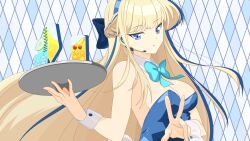 Rule 34 | 1girl, absurdres, aqua bow, aqua bowtie, babmouse, blonde hair, blue archive, blue eyes, blue hair, blue hairband, bow, bowtie, braid, breasts, cleavage, commentary, detached collar, earpiece, fake tail, hairband, highres, holding, holding tray, large breasts, leotard, long hair, making-of available, microsoft paint (medium), multicolored hair, official alternate costume, parted lips, playboy bunny, rabbit tail, sidelocks, solo, strapless, streaked hair, tail, toki (blue archive), toki (bunny) (blue archive), tray, v, white wrist cuffs, wrist cuffs