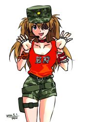 Rule 34 | 1girl, artist request, battle royale, blouse, blue eyes, breasts, brown hair, cosplay, denim, denim shorts, eyepatch, hair ornament, hat, highres, interface headset, long hair, looking at viewer, military hat, neon genesis evangelion, open mouth, shirt, shorts, simple background, solo, souryuu asuka langley, standing, training video girl, training video girl (cosplay), very long hair, white background, white shirt, wide hips