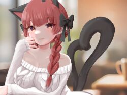 Rule 34 | 1girl, aoringo orin, bare shoulders, blunt bangs, blurry, blurry background, braid, breasts, cat tail, cleavage, closed mouth, collarbone, commentary request, extra ears, hand up, heart, heart tail, highres, kaenbyou rin, large breasts, light smile, long hair, nail polish, nekomata, off-shoulder sweater, off shoulder, pointy ears, red hair, red nails, revision, sleeves past wrists, solo, sweater, tail, touhou, twin braids