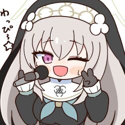 Rule 34 | 1girl, achilles (yosshyachillesd), black gloves, blue archive, blush, breasts, coif, gloves, grey hair, habit, hair between eyes, halo, holding, holding microphone, large breasts, long hair, long sleeves, microphone, nun, one eye closed, open mouth, pink eyes, sakurako (blue archive), simple background, smile, solo, star (symbol), upper body, v, white background, yellow halo