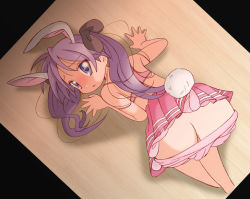 Rule 34 | 00s, 1girl, all fours, animal ears, ass, rabbit ears, butt crack, hiiragi kagami, looking back, lucky star, panties, panty pull, skirt, solo, top-down bottom-up, twisted neck, underwear, yamasaki wataru