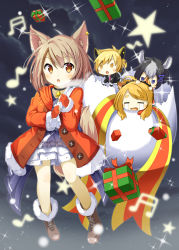Rule 34 | 4girls, absurdres, animal ears, black hair, blonde hair, box, chaakusu, citti (show by rock!!), chibi, christmas, coat, collar, crying, ear piercing, expressionless, fennery, fennery (show by rock!!), fox ears, fox tail, gift, gift box, highres, laina (show by rock!!), light brown hair, long sleeves, multiple girls, musical note, piercing, sack, short hair, show by rock!!, star (symbol), streaming tears, tail, tears, zebrina (show by rock!!)