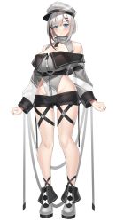 Rule 34 | 1girl, :|, absurdres, bare shoulders, black hair, black shorts, blue eyes, blunt bangs, blush, boots, breasts, cleavage, closed mouth, dot nose, full body, grey footwear, grey hat, groin, hair ornament, hairclip, hat, highres, hip vent, large breasts, long sleeves, looking at viewer, medium breasts, multicolored hair, off shoulder, original, short shorts, shorts, sidelocks, silver hair, simple background, solo, streaked hair, white background, yamanokami eaka, zipper