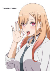 Rule 34 | 1girl, absurdres, artist name, awb, blonde hair, breasts, choker, collarbone, earrings, fellatio gesture, highres, jewelry, kitagawa marin, long hair, looking at viewer, nail polish, necktie, open mouth, red eyes, ring, school uniform, simple background, sono bisque doll wa koi wo suru, tongue, tongue out, white background