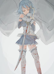 Rule 34 | 10s, 1girl, archlich, bad deviantart id, bad id, blood, blood on clothes, blue hair, cape, closed eyes, fortissimo, hair ornament, magical girl, mahou shoujo madoka magica, mahou shoujo madoka magica (anime), miki sayaka, musical note, musical note hair ornament, solo, sword, weapon