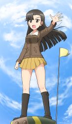 Rule 34 | 1girl, asymmetrical bangs, black footwear, black hair, blue sky, boots, brown eyes, brown jacket, chi-hatan military uniform, cloud, cloudy sky, commentary request, day, flag, frown, full body, girls und panzer, haiiro purin, highres, jacket, knee boots, long hair, long sleeves, looking at viewer, military, military uniform, miniskirt, nishi kinuyo, open mouth, outdoors, pleated skirt, skirt, sky, solo, standing, straight hair, tank cupola, twitter username, uniform, yellow skirt