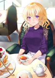 Rule 34 | 1girl, alternate costume, blonde hair, blush, breasts, brown nails, cake, chair, commentary request, commission, cream puff, cup, earrings, fingernails, floral print, food, jewelry, kaede (mmkeyy), lace trim, large breasts, light rays, lips, looking at viewer, maribel hearn, medium breasts, nail polish, plate, purple eyes, purple shirt, sandwich, shadow, shirt, short hair, sitting, skeb commission, smile, solo, sunbeam, sunlight, table, tablecloth, tea, teacup, teapot, tile floor, tiles, touhou, watch