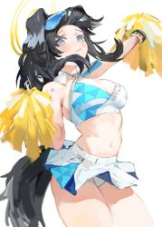 Rule 34 | 1girl, animal ears, arm up, bare arms, bare shoulders, black hair, blue archive, blue eyes, breasts, cheerleader, cleavage, collared shirt, cowboy shot, crop top, dog ears, dog girl, dog tail, gnai, halo, hand up, hibiki (blue archive), hibiki (cheer squad) (blue archive), highres, holding, long hair, looking at viewer, medium breasts, midriff, millennium cheerleader outfit (blue archive), miniskirt, navel, open mouth, panties, pleated skirt, pom pom (cheerleading), shirt, skirt, sleeveless, sleeveless shirt, solo, stomach, tail, thighs, underwear, white panties, white shirt, white skirt