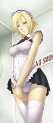 Rule 34 | 1girl, alternate costume, apron, aya brea, bare shoulders, blonde hair, blue eyes, blush, cameltoe, maid, maid apron, miniskirt, parasite eve, parasite eve the 3rd birthday, ribbon, shirt, short hair, skirt, solo, taut clothes, taut shirt, thighhighs, thighs, thor (deep rising), white thighhighs