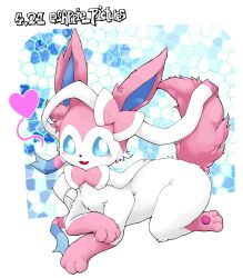 Rule 34 | :3, animal focus, artist name, blue background, blue sclera, border, bow, bowtie, colored sclera, creatures (company), dated, full body, game freak, gen 6 pokemon, hair bow, happy, highres, looking to the side, nintendo, no humans, open mouth, outline, outside border, pawpads, pink bow, pink bowtie, pokemon, pokemon (creature), ribbon, signature, sitting, smile, solo, sylveon, twitter username, white border, white eyes, white outline, white ribbon, yukkuringo
