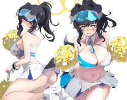 Rule 34 | 1girl, animal ears, ass, back, bare shoulders, black hair, blue archive, blue eyes, blue skirt, blush, breasts, character name, cheerleader, cleavage, clothes writing, collarbone, commentary, crop top, dog ears, dog girl, dog tail, eyewear on head, facial tattoo, fon (96nokimihito), gloves, goggles, goggles on head, halo, hibiki (blue archive), hibiki (cheer squad) (blue archive), highres, kneeling, large breasts, long hair, looking at viewer, medium breasts, medium hair, midriff, millennium cheerleader outfit (blue archive), miniskirt, multiple views, navel, official alternate costume, open mouth, panties, pom pom (cheerleading), pom pom (clothes), ponytail, shoes, simple background, skirt, star tattoo, sticker, sticker on face, stomach, sweat, tail, tattoo, two-tone skirt, underwear, white background, white footwear, white gloves, white panties, white skirt