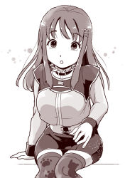 Rule 34 | 1girl, animal print, breasts, cat print, greyscale, hair ornament, hairclip, long hair, looking at viewer, medium breasts, monochrome, open mouth, paw print, pencil skirt, print thighhighs, simple background, sitting, skirt, solo, sophia esteed, star ocean, star ocean till the end of time, thighhighs, white background, yuiki wakana