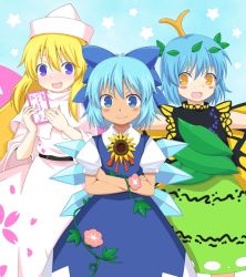 Rule 34 | 3girls, antennae, aqua hair, blonde hair, blue background, blue bow, blue dress, blue eyes, blue hair, blush, blush stickers, bow, butterfly wings, cirno, closed mouth, collared shirt, crossed arms, dress, eternity larva, fairy, fairy wings, fenikkusu takahashi, floral print, flower, green dress, hair between eyes, hair bow, hat, holding, ice, ice wings, insect wings, leaf, leaf on head, lily white, long hair, morning glory, multicolored clothes, multicolored dress, multiple girls, open mouth, outstretched arms, pink flower, puffy short sleeves, puffy sleeves, shirt, short hair, short sleeves, single strap, smile, spell card, spread arms, star (symbol), starry background, tanned cirno, touhou, white dress, white headwear, white shirt, wings, yellow eyes