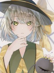 Rule 34 | 1girl, black hat, blurry, blurry background, blush, bow, depth of field, expressionless, green eyes, green nails, grey background, hand on own chin, hat, hat bow, heart, highres, komeiji koishi, lace trim, light green hair, nail polish, parted lips, shirt, short hair, simple background, solo, third eye, touhou, upper body, yellow bow, yellow shirt, yoruyoru (ersu4883)