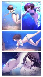 Rule 34 | 1girl, absurdres, air bubble, asphyxiation, ass, barefoot, bikini, biru saeika, breasts, brown hair, bubble, character request, cleavage, drowning, fish, highres, large breasts, medium hair, navel, purple eyes, sky, swimming, swimsuit, underwater, water, white bikini