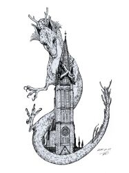 Rule 34 | absurdres, akeru, animal focus, architecture, church, commentary request, dated, dragon, eastern dragon, full body, greyscale, highres, monochrome, no humans, original, pen (medium), signature, simple background, solo, stained glass, talons, white background