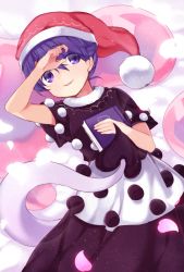 Rule 34 | 1girl, akagashi hagane, book, doremy sweet, hat, lying, nightcap, on back, parted lips, petals, pom pom (clothes), purple eyes, purple hair, solo, tail, tapir tail, touhou