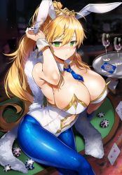 Rule 34 | 1girl, animal ears, artoria pendragon (all), artoria pendragon (fate), artoria pendragon (lancer) (fate), artoria pendragon (swimsuit ruler) (fate), bare shoulders, blonde hair, blue nails, blue pantyhose, breasts, casino card table, cleavage, detached collar, fake animal ears, fate/grand order, fate (series), feather boa, fishnets, gijang, green eyes, hair between eyes, hand up, highres, holding, holding tray, large breasts, leotard, long hair, looking at viewer, nail polish, navel, necktie, pantyhose, parted lips, playboy bunny, poker chip, ponytail, rabbit ears, sidelocks, solo, table, tray, white leotard, wrist cuffs