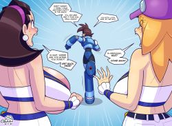 Rule 34 | 2girls, alternate breast size, bare arms, bare shoulders, blue background, blush, breasts, cabbie hat, capcom, cobat, commentary, dated, earrings, emphasis lines, english commentary, english text, frilled bracelet, from behind, green eyes, hat, highres, huge breasts, jewelry, large breasts, mega man (series), mega man legends (series), mega man volnutt, multiple girls, open mouth, roll caskett (mega man), running, speech bubble, tron bonne (mega man)