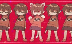 Rule 34 | 5girls, animal ears, braid, brown hair, cat ears, cat tail, closed mouth, closed eyes, fang, highres, hrdrifter, kitchen knife, long hair, long sleeves, madotsuki, multiple girls, open mouth, paw pose, pink footwear, pink sweater, pixels, red background, red eyes, shoes, skirt, socks, sweater, tail, twin braids, yume nikki