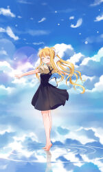 Rule 34 | 105961, 1girl, ^ ^, absurdres, air (visual novel), barefoot, black dress, blonde hair, blue sky, blush, closed eyes, closed mouth, commentary request, day, dress, facing viewer, falling feathers, feathers, floating clothes, floating hair, from behind, full body, hair between eyes, hair intakes, hair ribbon, highres, kamio misuzu, lens flare, long hair, outdoors, outstretched arms, ponytail, puffy short sleeves, puffy sleeves, reflection, reflective water, ribbon, ripples, school uniform, shirt, short sleeves, sky, sleeveless, sleeveless dress, smile, solo, standing, tiptoes, very long hair, water, white feathers, white ribbon, wind, yellow shirt