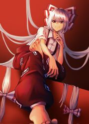 Rule 34 | barefoot, bow, collared shirt, corrupted twitter file, crossed legs, dutch angle, equality taira, fujiwara no mokou, hair bow, high ponytail, highres, long hair, looking at viewer, ofuda, ofuda on clothes, puffy pants, puffy short sleeves, puffy sleeves, red background, red eyes, red theme, shirt, short sleeves, sitting, sleeve garter, smile, touhou, two-tone bow, very long hair, white bow, white hair, white shirt