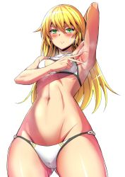 Rule 34 | 1girl, annoyed, armpits, bikini, blazblue, blazblue: chronophantasma, blonde hair, blush, breasts, cameltoe, cleavage, green eyes, highres, legs, long hair, looking at viewer, looking down, navel, noel vermillion, presenting armpit, small breasts, smell, solo, spread armpit, swimsuit, thighs, toned, white bikini