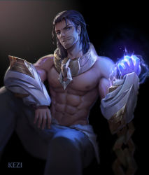 Rule 34 | 1boy, abs, bare pectorals, black hair, blue eyes, chain, highres, kezi, league of legends, looking at viewer, male focus, muscular, navel, nipples, pectorals, simple background, smile, solo, sylas