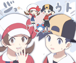 1boy 1girl :d absurdres black_hair black_hat black_shirt bow brown_eyes brown_hair chibi commentary_request creatures_(company) ethan_(pokemon) eyelashes game_freak gen_2_pokemon hand_up hat hat_bow highres jacket long_hair lyra_(pokemon) marill multiple_views nintendo open_mouth pokemon pokemon_hgss red_bow red_jacket shirt smile teeth twintails upper_teeth_only w21._(bwbw6615) white_hat