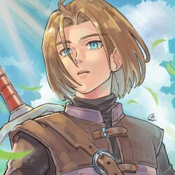 Rule 34 | 1boy, blue eyes, brown hair, cloud, commentary request, day, dragon quest, dragon quest xi, hero (dq11), highres, looking afar, male focus, outdoors, parted lips, sabakan (sabasabakan0), short hair, sky, solo, sword, weapon, weapon on back