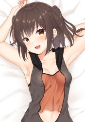 Rule 34 | 1girl, alternate costume, armpits, arms up, bed sheet, black vest, blush, breasts, brown eyes, brown hair, collarbone, highres, kantai collection, looking at viewer, lying, navel, on back, on bed, open clothes, open vest, sendai (kancolle), short hair, small breasts, solo, two side up, upper body, vest, yuzuttan