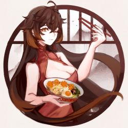 Rule 34 | 1girl, black hair, bowl, breasts, brown eyes, brown hair, china dress, chinese clothes, chopsticks, cleavage, cleavage cutout, clothing cutout, dress, food, fried egg, genshin impact, gradient hair, grey background, hair between eyes, hand up, holding, holding bowl, holding chopsticks, hu tao (genshin impact), medium breasts, multicolored hair, noodles, red dress, round window, sleeveless, sleeveless dress, solo, translation request, upper body, window, zxny