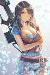 Rule 34 | 1girl, absurdres, anbe yoshirou, belt, black hair, breast hold, breasts, brown eyes, cleavage, closed mouth, collarbone, gradient background, gun, gun on back, hand up, highres, large breasts, lips, looking at viewer, mole, mole under mouth, nintendo, pants, parted bangs, sharla (xenoblade), short sleeves, simple background, solo, weapon, weapon on back, wristband, xenoblade chronicles (series), xenoblade chronicles 1