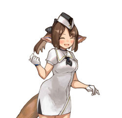 Rule 34 | 1girl, :d, ^ ^, animal ear fluff, animal ears, arknights, black hat, blue archive, blush, breasts, brown hair, chocolatice, closed eyes, collared dress, cowboy shot, dress, facing viewer, garrison cap, gloves, hand up, hat, medium breasts, open mouth, parted bangs, perfumer (arknights), ponytail, puffy short sleeves, puffy sleeves, short sleeves, simple background, smile, solo, utnapishtim operator uniform (blue archive), white background, white dress, white gloves