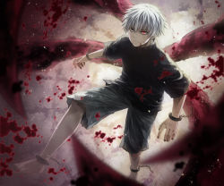 Rule 34 | 10s, 1boy, angel31424, bad id, bad pixiv id, barefoot, black eyes, black nails, blood, blood on clothes, cuffs, frown, grey eyes, heterochromia, kagune (tokyo ghoul), kaneki ken, male focus, monster boy, nail polish, red eyes, shackles, shirt, short hair, shorts, solo, spoilers, t-shirt, tentacles, tokyo ghoul, torn clothes, turtleneck, white hair