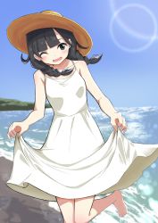 Rule 34 | 1girl, ;d, barefoot, black eyes, black hair, blush, braid, brown hat, clothes lift, collarbone, commentary request, creatures (company), day, dress, dress lift, game freak, hat, highres, leg up, lens flare, long hair, looking at viewer, negimiso1989, nintendo, one eye closed, open mouth, outdoors, pokemon, pokemon usum, selene (pokemon), shore, sky, sleeveless, sleeveless dress, smile, solo, toes, twin braids, water, white dress