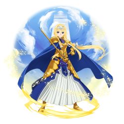 Rule 34 | 1girl, alice zuberg, armor, armored boots, armored dress, blonde hair, blue cape, blue dress, blue eyes, boots, bow, braid, braided ponytail, breastplate, cape, dress, faulds, floating hair, full body, hair bow, hairband, highres, holding, holding sword, holding weapon, long hair, looking at viewer, official art, osmanthus blade, pauldrons, ponytail, shoulder armor, sidelocks, solo, standing, sword, sword art online, transparent background, v-shaped eyebrows, very long hair, weapon, white bow, white hairband, yellow footwear